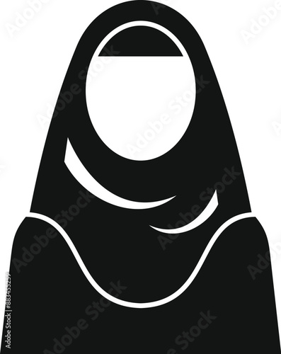 Simple black and white icon of a muslim woman wearing a traditional hijab head covering