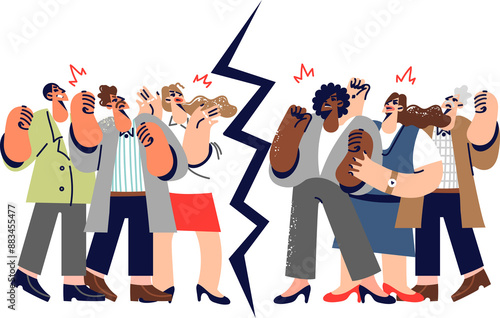 Disagreement in society with different groups of people standing on opposite sides of divide and quarreling over politics. Social and public problems cause discord and conflict in society