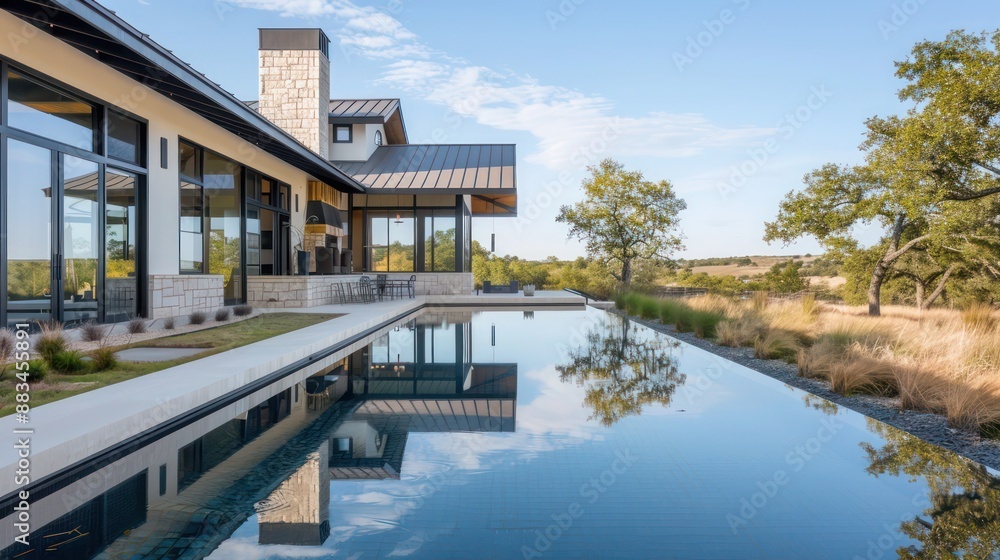 Fototapeta premium Modern ranch with a large, reflective pool that enhances the natural light and adds a peaceful element to the landscape
