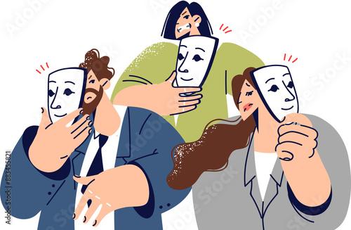 Business people put on masks to simulate emotions and deceive victims, working for fraudulent company. Concept of toxic atmosphere in company team, due to employees hiding faces under masks