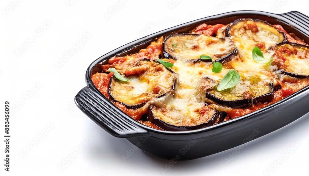 eggplant Parm Parmesan often served with spaghetti noodles, linguine and fettuccine to rigatoni and farfalle pasta in restaurants with red tomato sauce, cheese, and basil. isolated on white background eggplant Parm Parmesan often served with spaghetti noodles, linguine and fettuccine to rigatoni and farfalle pasta in restaurants with red tomato sauce, cheese, and basil. isolated on white background