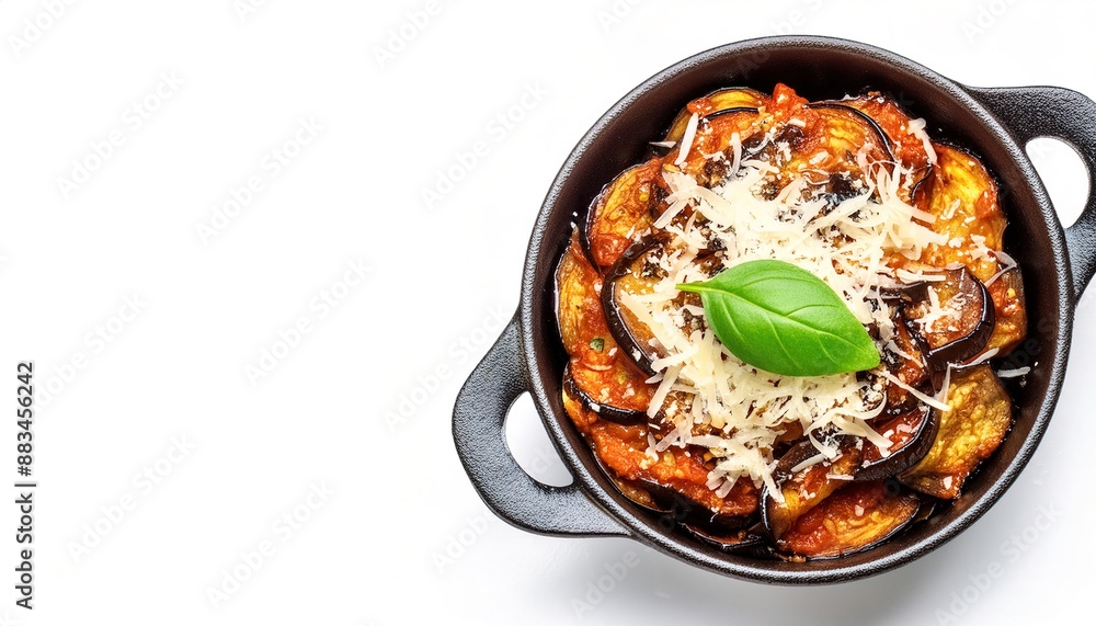 eggplant Parm Parmesan often served with spaghetti noodles, linguine and fettuccine to rigatoni and farfalle pasta in restaurants with red tomato sauce, cheese, and basil. isolated on white background eggplant Parm Parmesan often served with spaghetti noodles, linguine and fettuccine to rigatoni and farfalle pasta in restaurants with red tomato sauce, cheese, and basil. isolated on white background