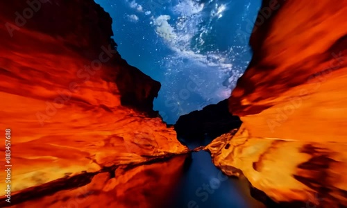 Continuous hyperspeed FPV footage: The camera seamlessly flies through a vucano lava canyon to a milky way

