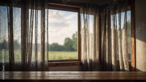 Blurred half-curtained window background with wooden table top