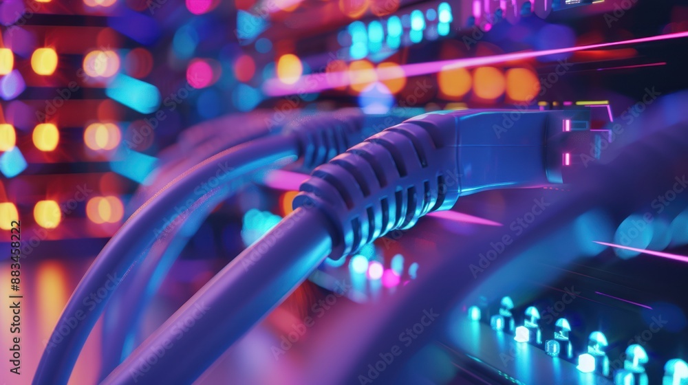Network Cables Connected to a Server with Blue and Pink Lights Network Cables Connected to a Server with Blue and Pink Lights