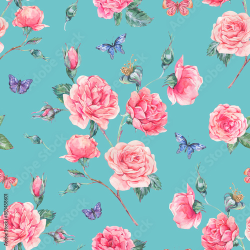 Watercolor rococo rose floral seamless pattern