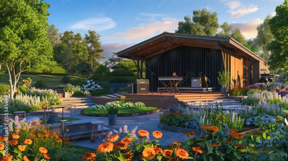 Ranch house with a dedicated music studio that opens onto a garden stage for live performances Ranch house with a dedicated music studio that opens onto a garden stage for live performances