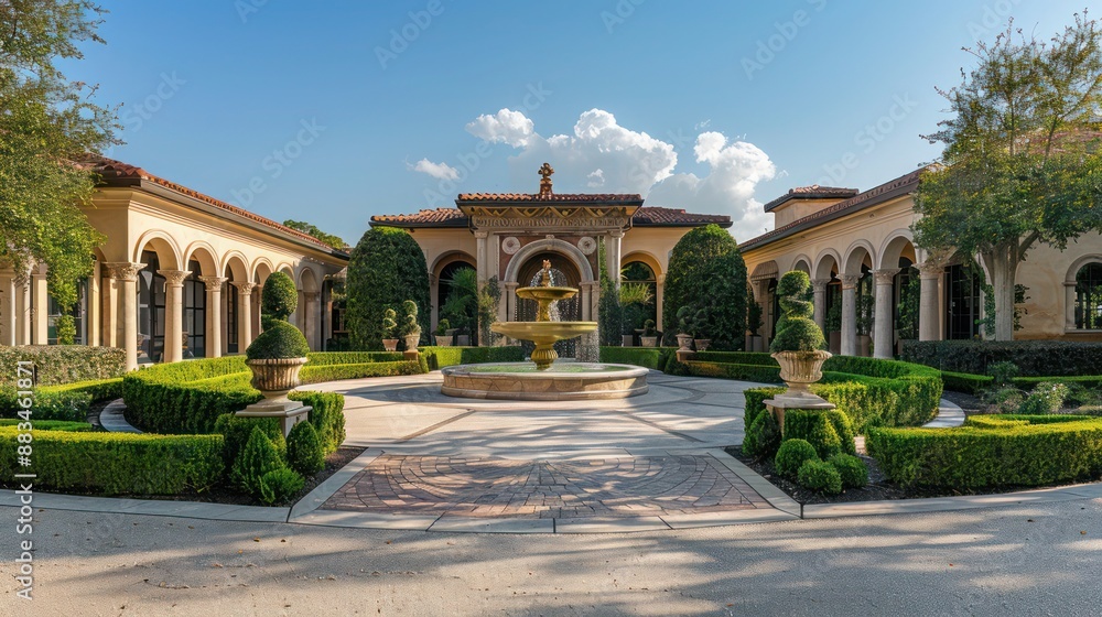 Obraz premium The entrance to a Mediterranean villa with a circular drive and a large, ornate fountain in the center, framed by neatly trimmed hedges