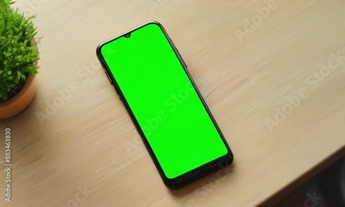 A modern cell phone with a chroma key green screen mockup lying flat on a sleek wooden table