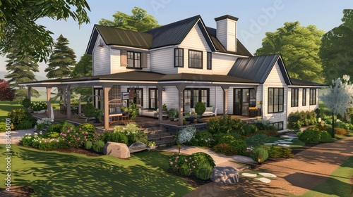modern suburban farmhouse with a spacious wrap-around porch, surrounded by a beautifully manicured garden © Abdul