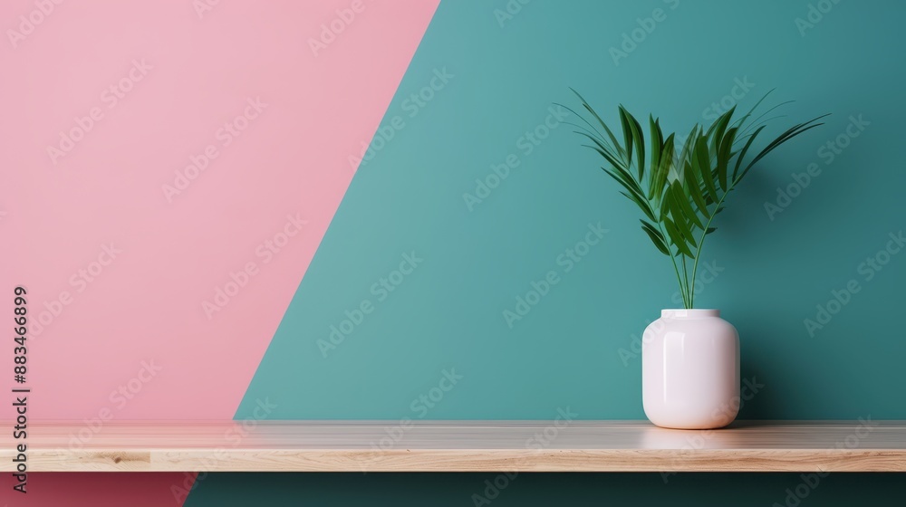 A neatly arranged scene with a white vase holding green foliage, set against a modern minimalist background of pink and teal, exuding tranquility and modern elegance. A neatly arranged scene with a white vase holding green foliage, set against a modern minimalist background of pink and teal, exuding tranquility and modern elegance.