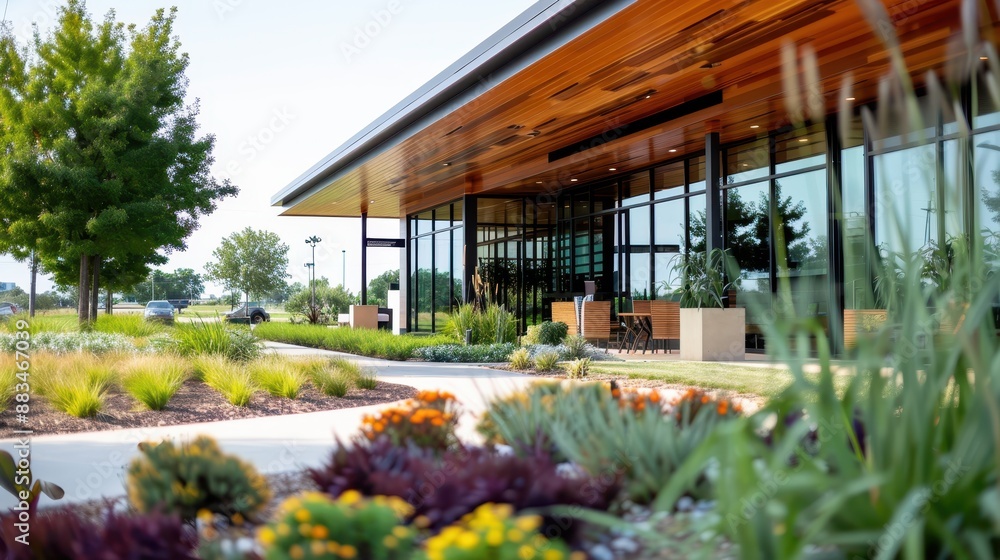 Contemporary commercial building with sleek design, featuring a stunning landscaped entrance adorned with colorful flowers and well-maintained greenery. Contemporary commercial building with sleek design, featuring a stunning landscaped entrance adorned with colorful flowers and well-maintained greenery.