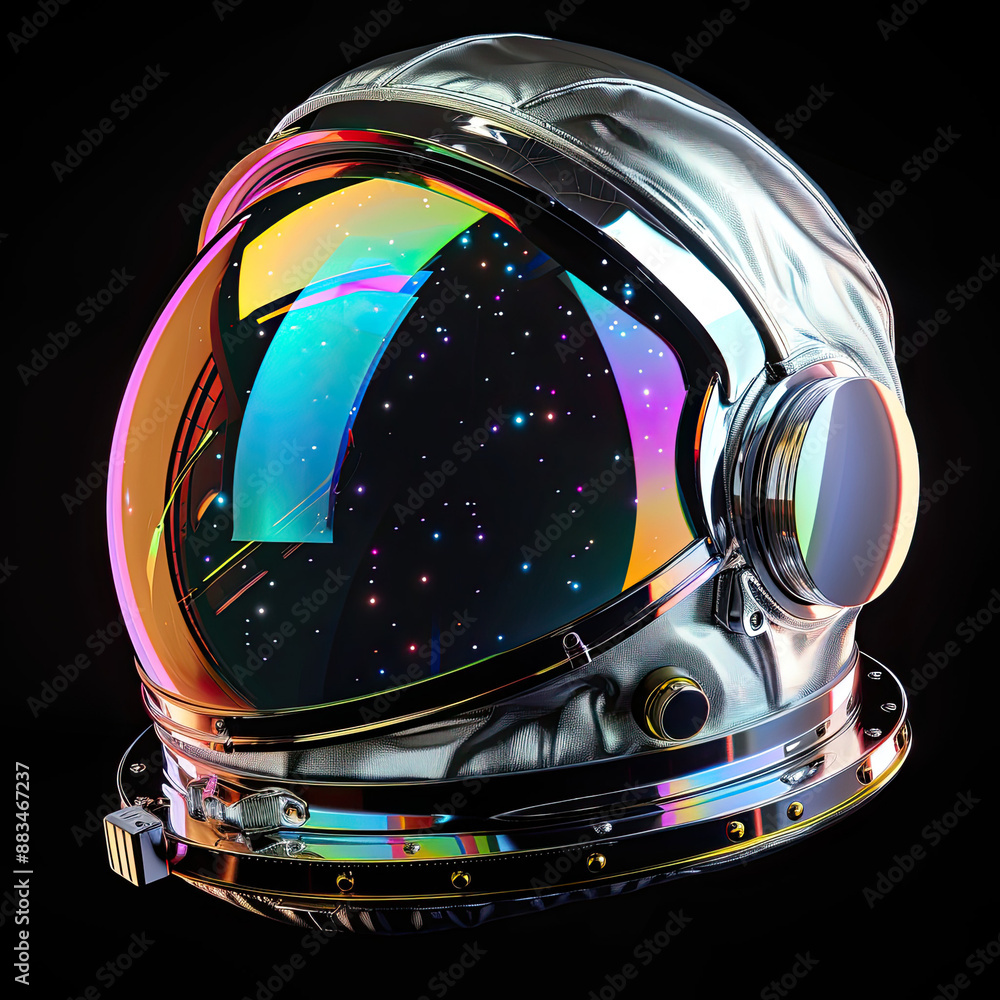 Fototapeta premium Holographic Iridescent Astronaut Helmet Isolated on Black Background, Space Suit Visor, Futuristic Space Exploration, Cosmic Helmet Design