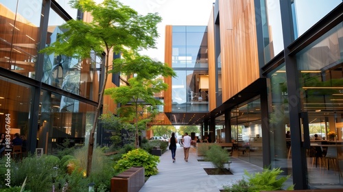 A contemporary office courtyard featuring wooden structures, large windows, lush greenery, and people walking between the buildings during the day.