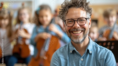 A man with glasses smiles warmly in a classroom filled with young musicians playing string instruments, epitomizing a nurturing and encouraging educational environment.