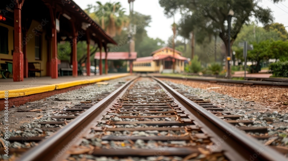 Quaint train tracks extend towards a charming rail station, surrounded by greenery and rustic buildings under a cloudy sky, evoking a sense of travel and tranquility. Quaint train tracks extend towards a charming rail station, surrounded by greenery and rustic buildings under a cloudy sky, evoking a sense of travel and tranquility.