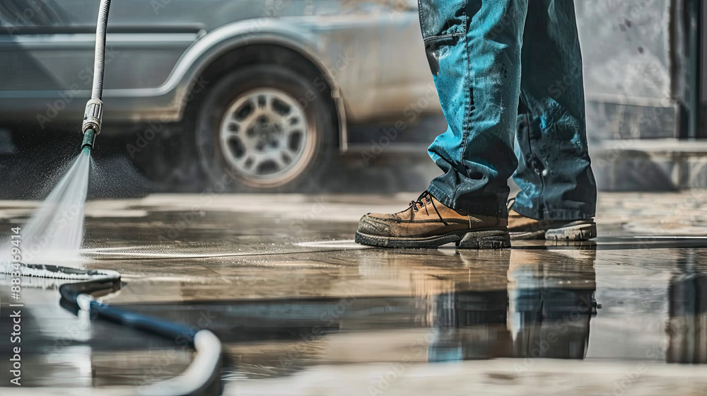 Man Cleaning Driveway Using Powerful Pressure Washer, Outdoor Cleaning, Driveway Maintenance, High-Pressure Washer, Home Improvement, Clean Driveway, Residential Cleaning, Power Washing Equipment Man Cleaning Driveway Using Powerful Pressure Washer, Outdoor Cleaning, Driveway Maintenance, High-Pressure Washer, Home Improvement, Clean Driveway, Residential Cleaning, Power Washing Equipment