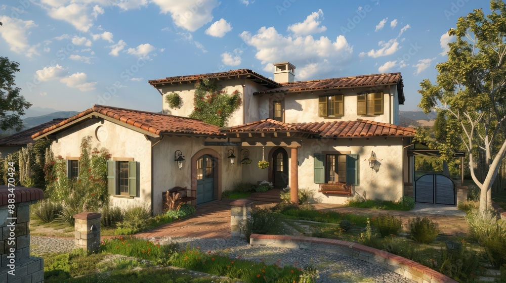 suburban farmhouse with a Spanish colonial influence, featuring a stucco exterior and red tile roofing suburban farmhouse with a Spanish colonial influence, featuring a stucco exterior and red tile roofing