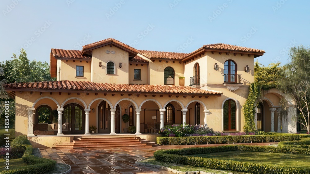 suburban farmhouse with a Mediterranean-inspired design, featuring arches, a tile roof, and a warm color palette suburban farmhouse with a Mediterranean-inspired design, featuring arches, a tile roof, and a warm color palette