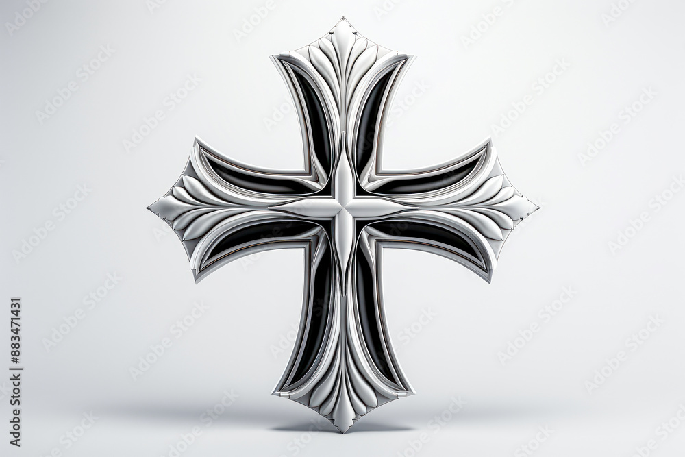Ornate silver cross with intricate design on beige background Ornate silver cross with intricate design on beige background