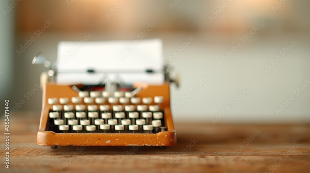The image shows a close-up view of an orange vintage typewriter set on a wooden table, highlighting its classic design and the nostalgic charm of old typewriting equipment. The image shows a close-up view of an orange vintage typewriter set on a wooden table, highlighting its classic design and the nostalgic charm of old typewriting equipment.