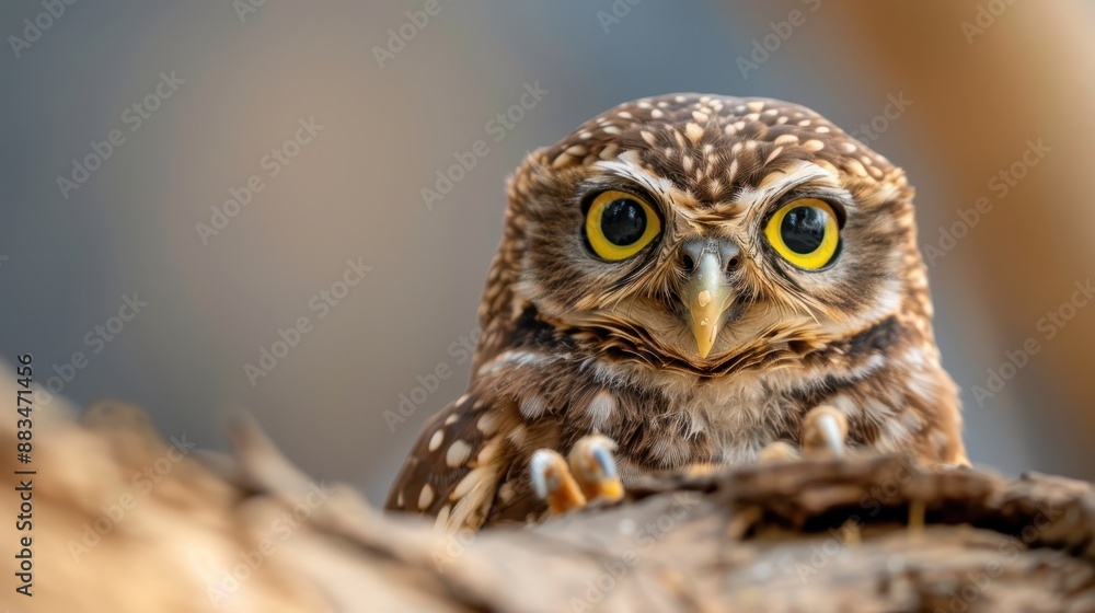 Fototapeta premium The image captures a close-up of an owl with large, enchanting yellow eyes, exuding a sense of wisdom, mystery, and the captivating beauty of wildlife.