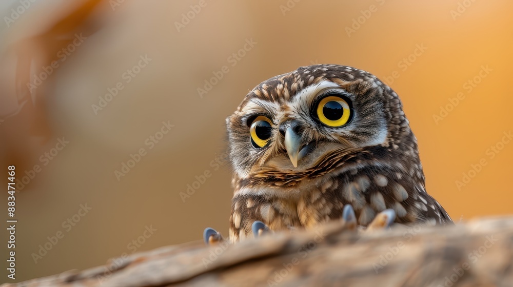 Fototapeta premium Featuring a close-up of an owl, this image highlights the bird's large, expressive yellow eyes, invoking feelings of curiosity, mystery, and natural beauty.