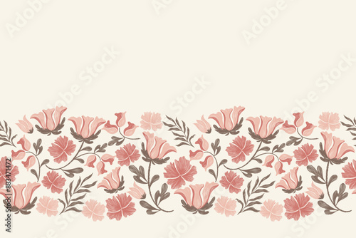 Floral pattern vintage wallpaper motif flower border. Pink flowers trailing seamless design embroidery Ikat textured hand drawn vector illustration. 