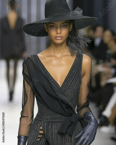 Extraordinary Fashion Show Moment Stunning Model Struts Down the Catwalk in an Elegant and Dramatic Ensemble, Captivating the Audience with Innovative Design and Sophistication Brainstorming Magazine 