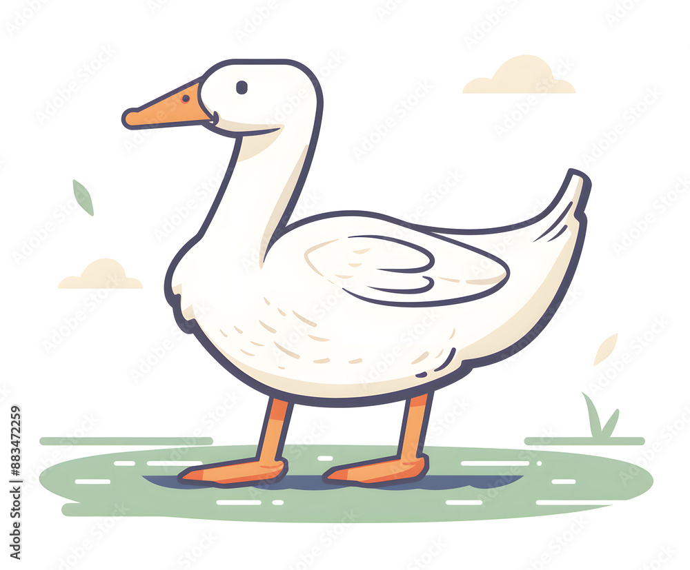 Obraz premium This highquality illustration features a white duck on grass against a sky background, perfect for childrens books and themes related to animals, cartoons, and nature
