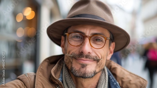 A man with round glasses and a brown hat smiles warmly while standing outdoors in a cityscape, evoking a sense of urban adventure and casual sophistication.