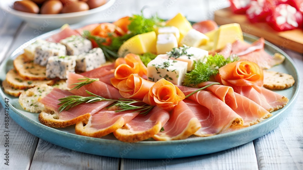 Canapé-Platte mit Lachs, Schinken und Käse Canapé-Platte mit Lachs, Schinken und Käse