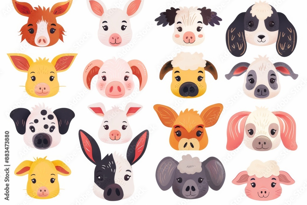 Obraz premium Set of cute farm animal faces.