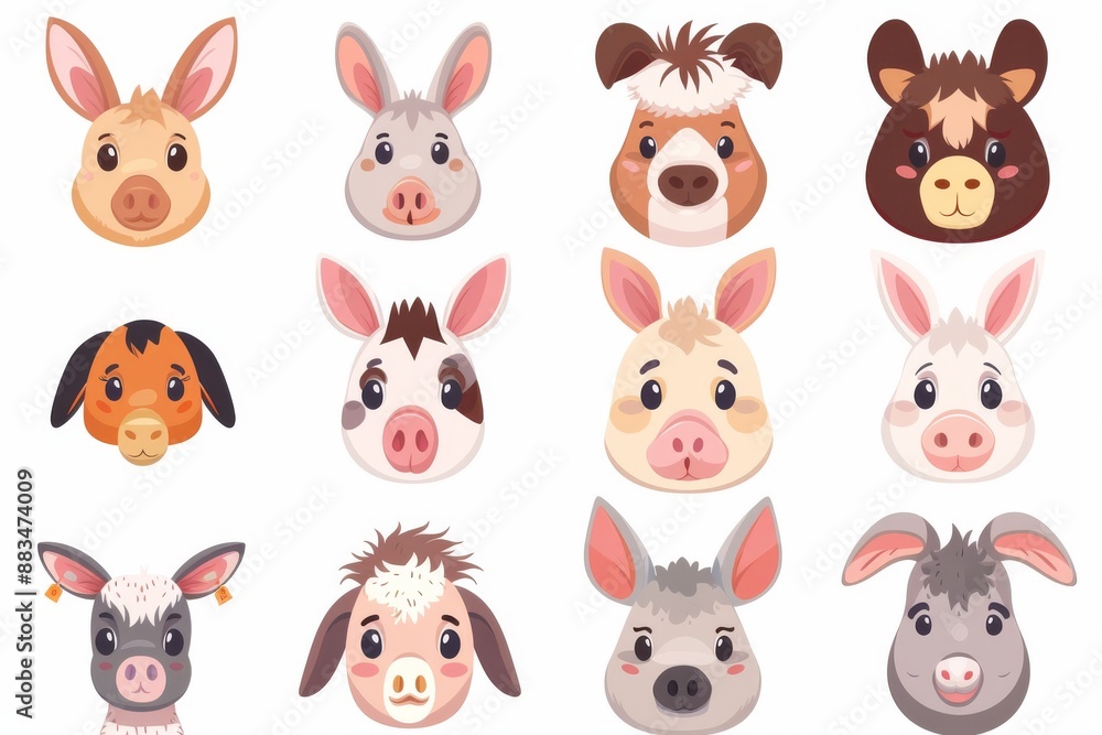 Set of cute donkey faces. Set of cute donkey faces.