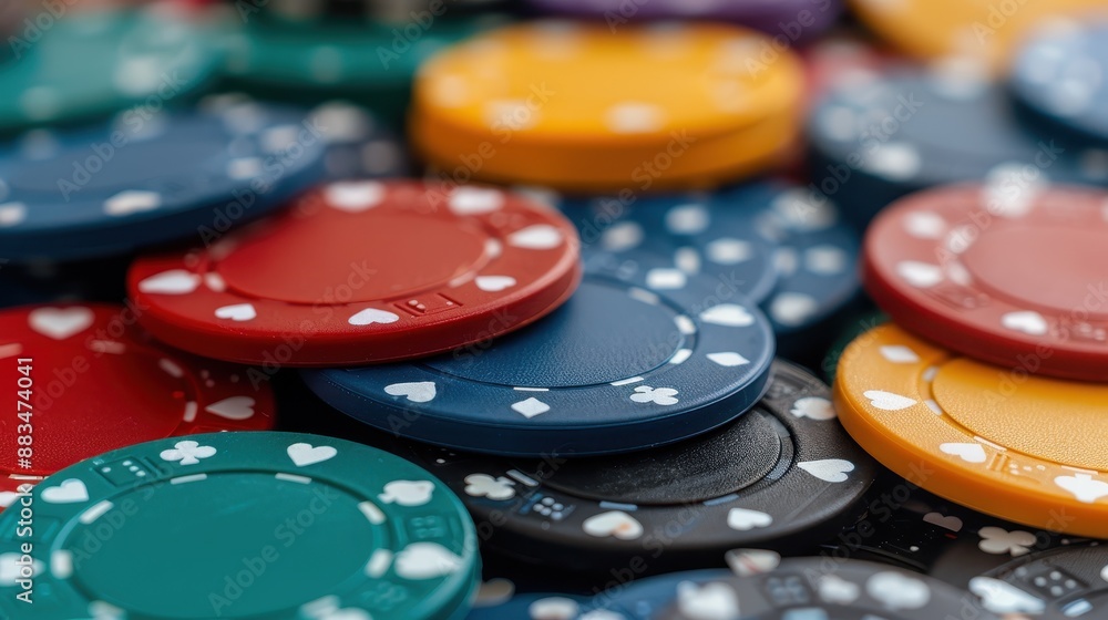 A close-up image showcasing a variety of colorful poker chips with different values, creating a vibrant and energetic representation of the gambling atmosphere and casino life. A close-up image showcasing a variety of colorful poker chips with different values, creating a vibrant and energetic representation of the gambling atmosphere and casino life.