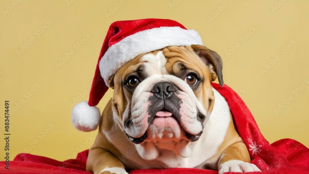 Bulldog with a Christmas hat on a yellow background, perfect for festive holiday promotions Bulldog with a Christmas hat on a yellow background, perfect for festive holiday promotions