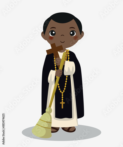 Illustration of Saint Martin de Porres, Saint Moreno, with broom and habit, Dominican Saints, Peruvian Saint