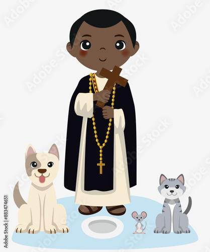 Illustration of San Martin de Porres, Santo Moreno, Santo, Miraculous Saint, Dominicans, with dog, pericote and cat, plate of food
