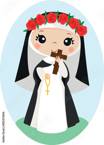 Illustration of Santa Rosa de Lima with cross and rosary, drawing for children, beautiful, with background