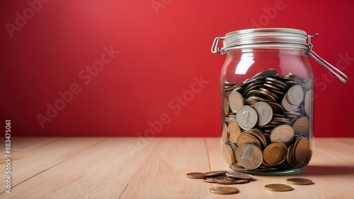 A jar filled with coins on wood floor against red background