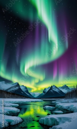 Beautiful aurora borealis northern lights in the sky over mountains