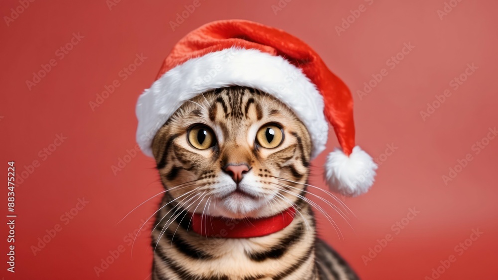 Bengal cat with a Santa hat on an orange background, perfect for Christmas themed designs Bengal cat with a Santa hat on an orange background, perfect for Christmas themed designs