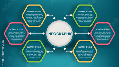 Infographic Design: Central Circle with Title Connected to Three Hexagons on Each Side