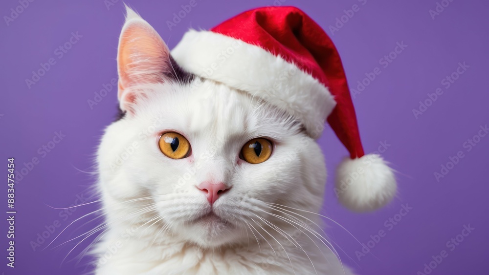 White cat in Santa hat on purple background, perfect for festive holiday cards or decorations White cat in Santa hat on purple background, perfect for festive holiday cards or decorations