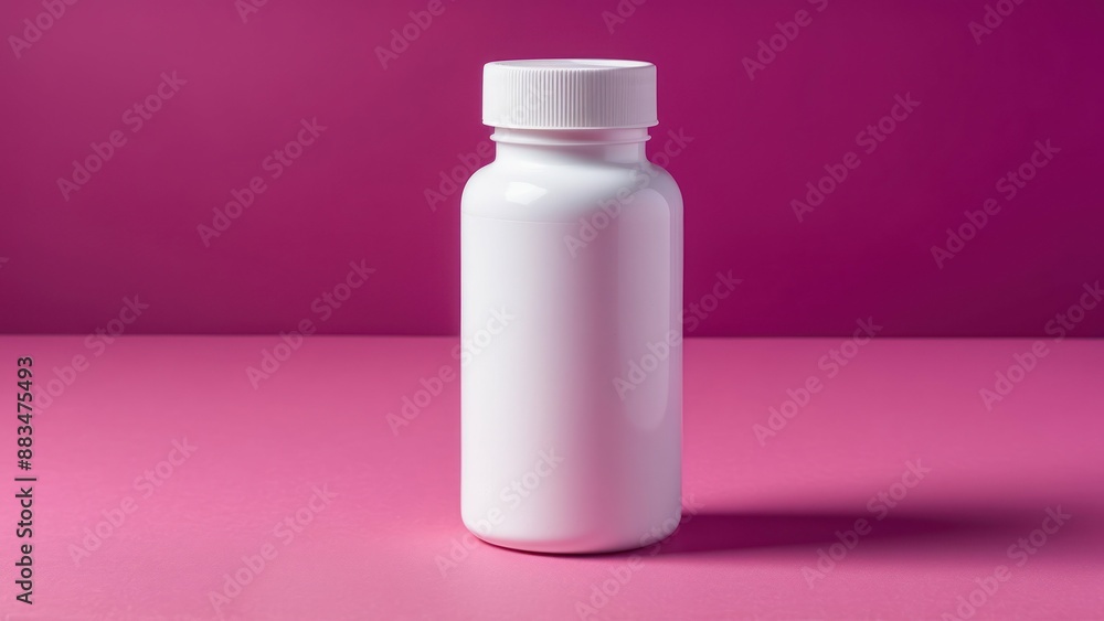 Plain white medicine bottle with a magenta background, ideal for healthcare and pharmaceutical designs Plain white medicine bottle with a magenta background, ideal for healthcare and pharmaceutical designs