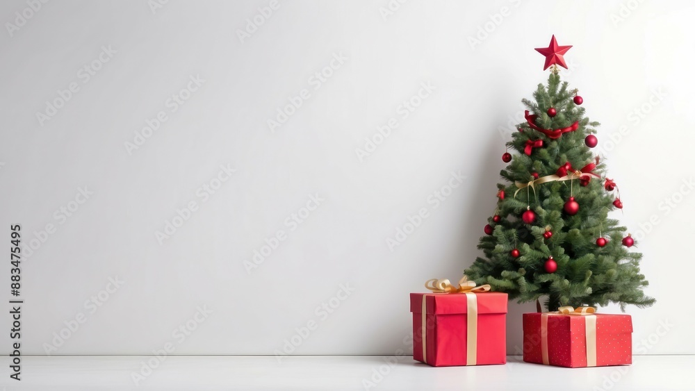 Christmas tree with red decorations and gifts on a white background Christmas tree with red decorations and gifts on a white background