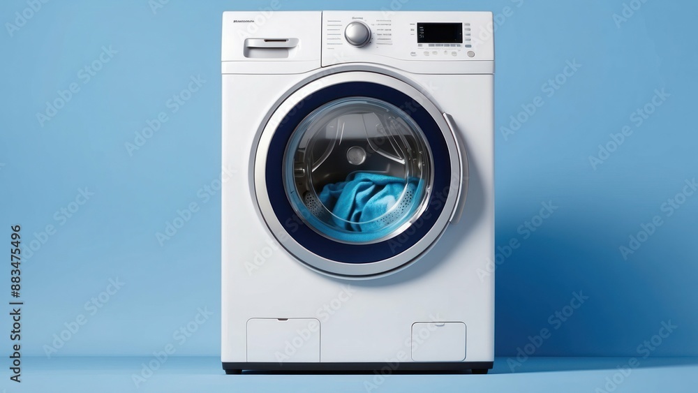 Front load washing machine on a blue background with copy space, ideal for home and laundry concepts Front load washing machine on a blue background with copy space, ideal for home and laundry concepts