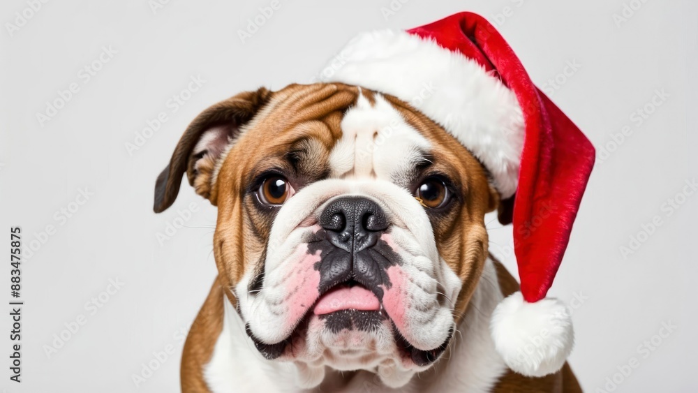 Adorable bulldog wearing a Santa hat against a white background, perfect for festive holiday themes