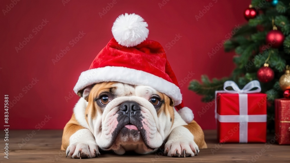 A cheerful bulldog wearing a Santa hat with a festive red background, perfect for holiday themes A cheerful bulldog wearing a Santa hat with a festive red background, perfect for holiday themes