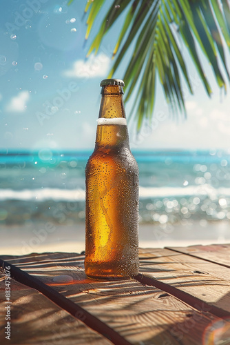 A cold beer bottle standing on a wooden table by the beach, with the ocean in the background, ideal for summer and refreshment concepts. photo